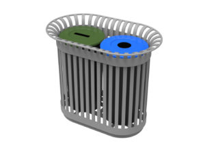 Grey trash unit with a green lid and a blue lid