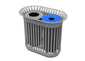 Grey metal trash unit with one grey lid and one blue lid