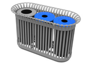 Trash unit with one grey lid and two blue