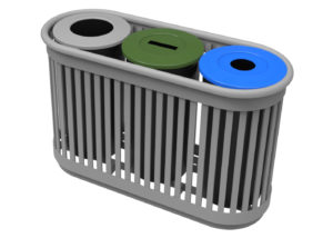 Three bins with grey, green and blue lids