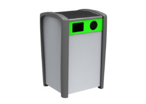 grey and neon green recycling bin with no recycle logo