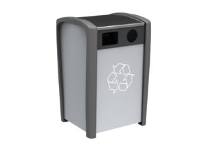 Single grey recycling bin with recycling logo in white