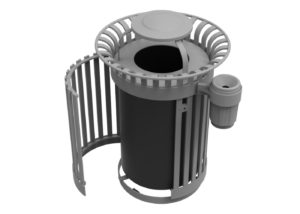 Grey Metal Trashcan opening from middle