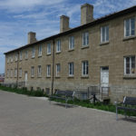 Benches outside an old building