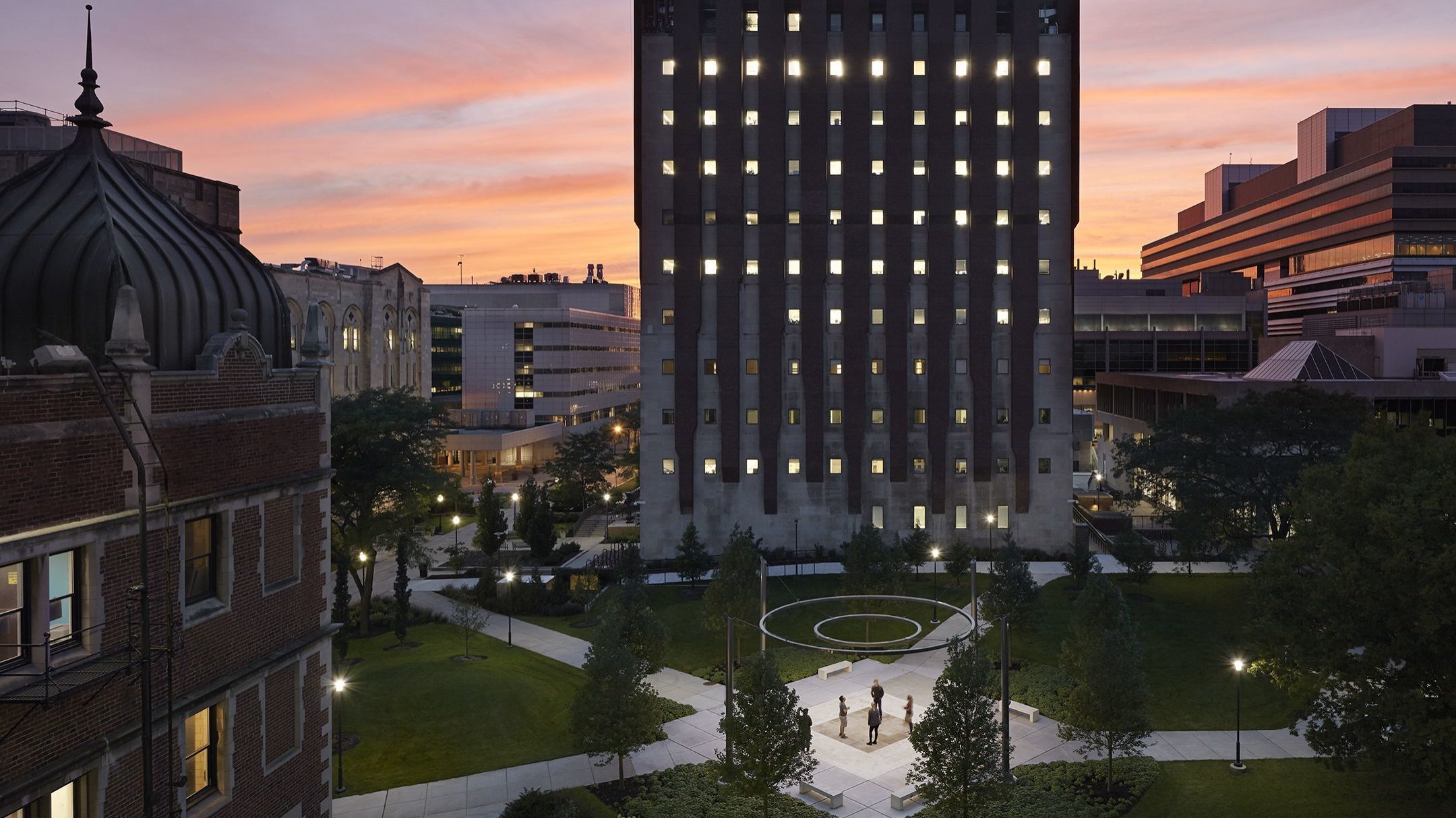 Crerar Quad at University of Chicago, sunset