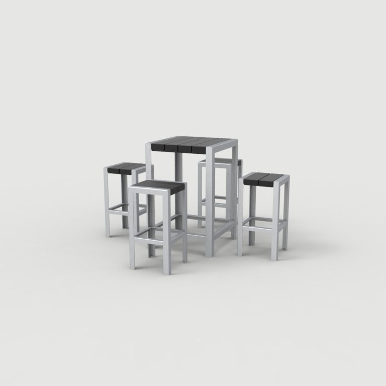 Bar-height table with stools in black and white