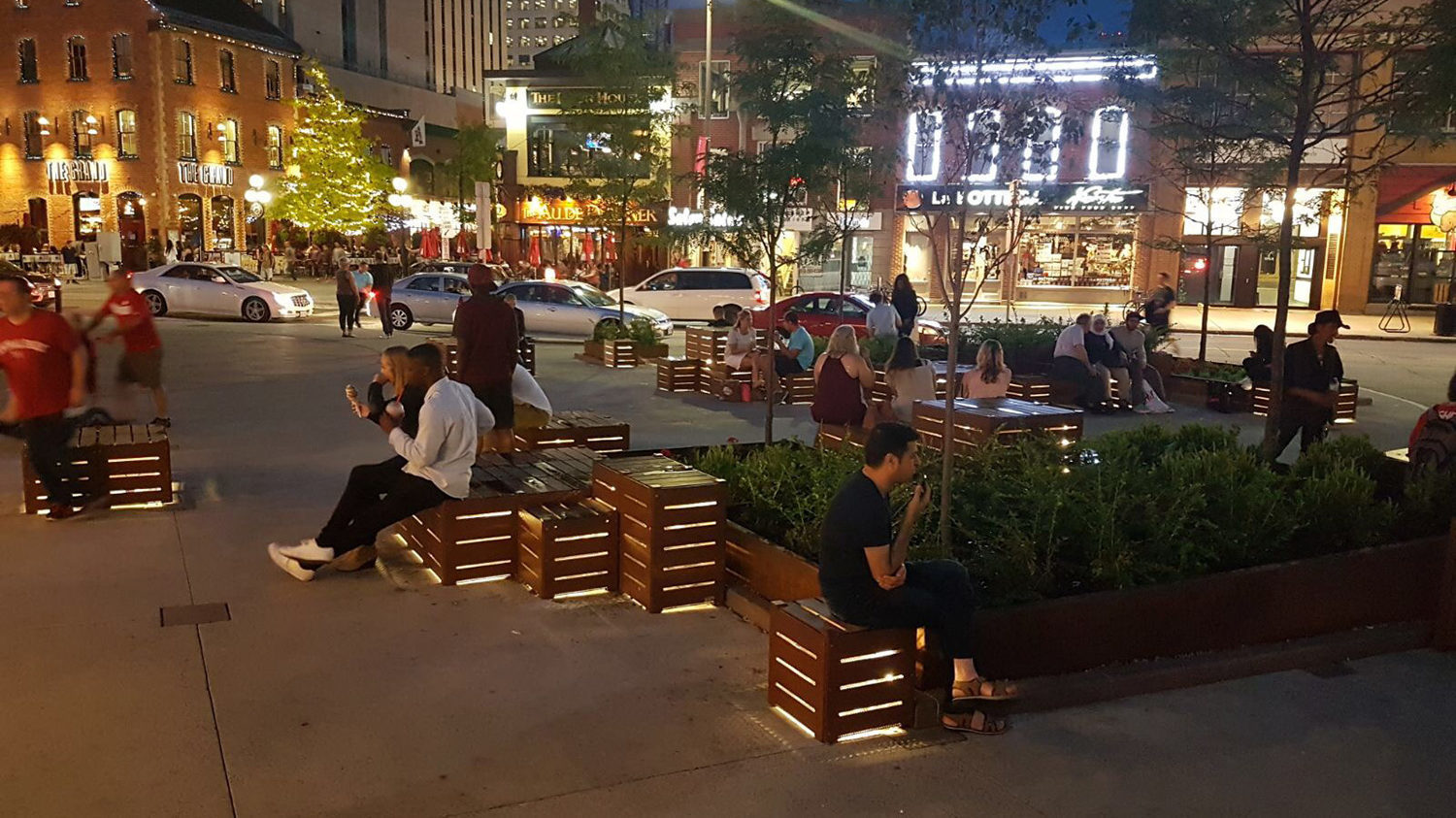 ByWard Market plaza at night with lit custom blocks