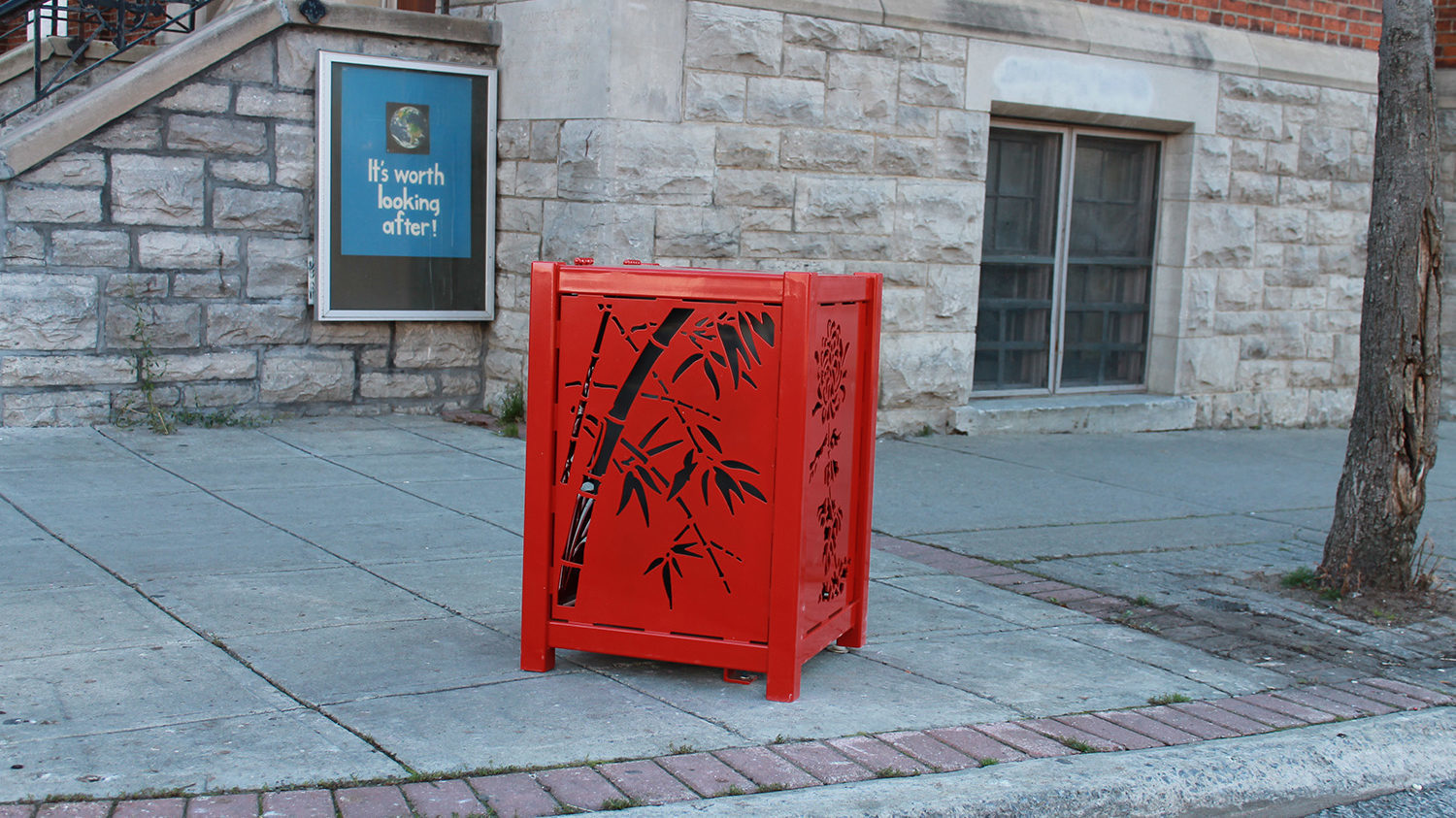 Custom red 400 laser cut trash container in China town