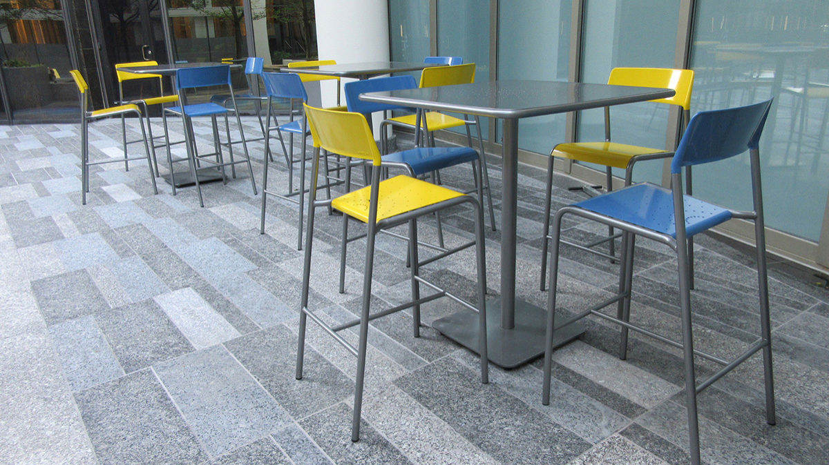 Foro stools painted blue and yellow with bar height table