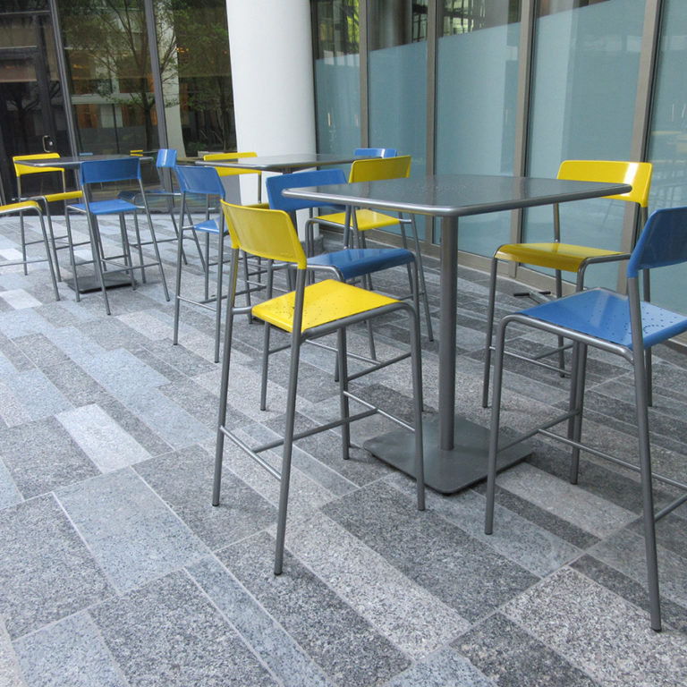 Foro stools painted blue and yellow with bar height table