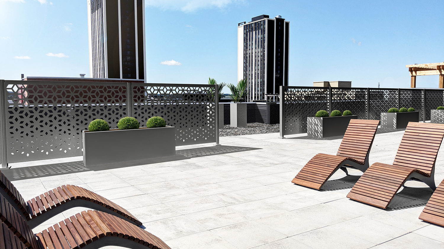 Grey Flex Pannels and wood chaise lounge chairs on rooftop