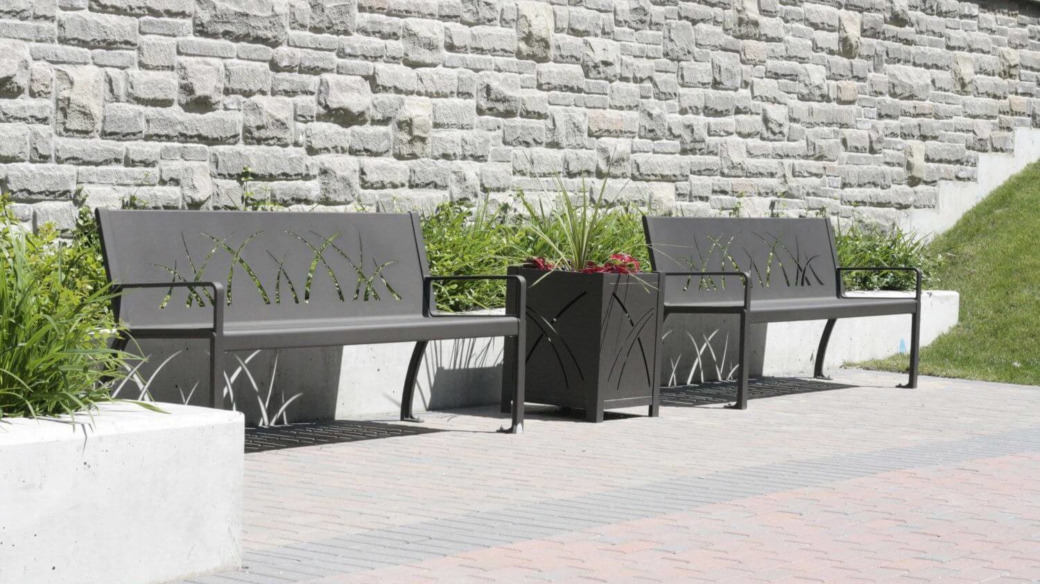 970 Benches and 400 Planters against stone wall