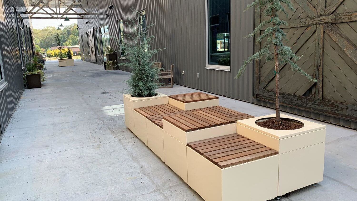 Wood Planters and Seating Area with tree in planter