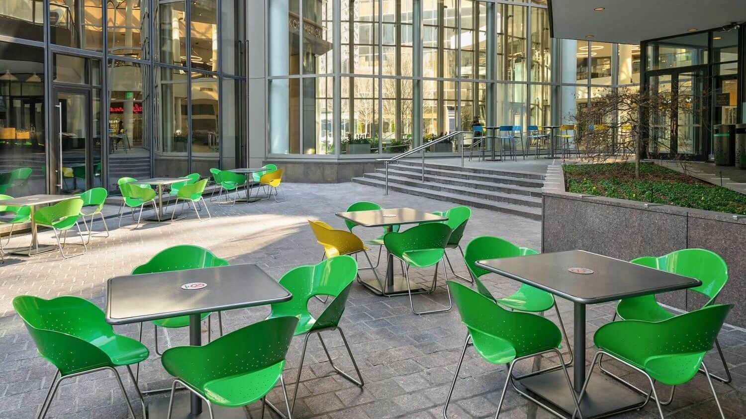 Green chairs and silver tables