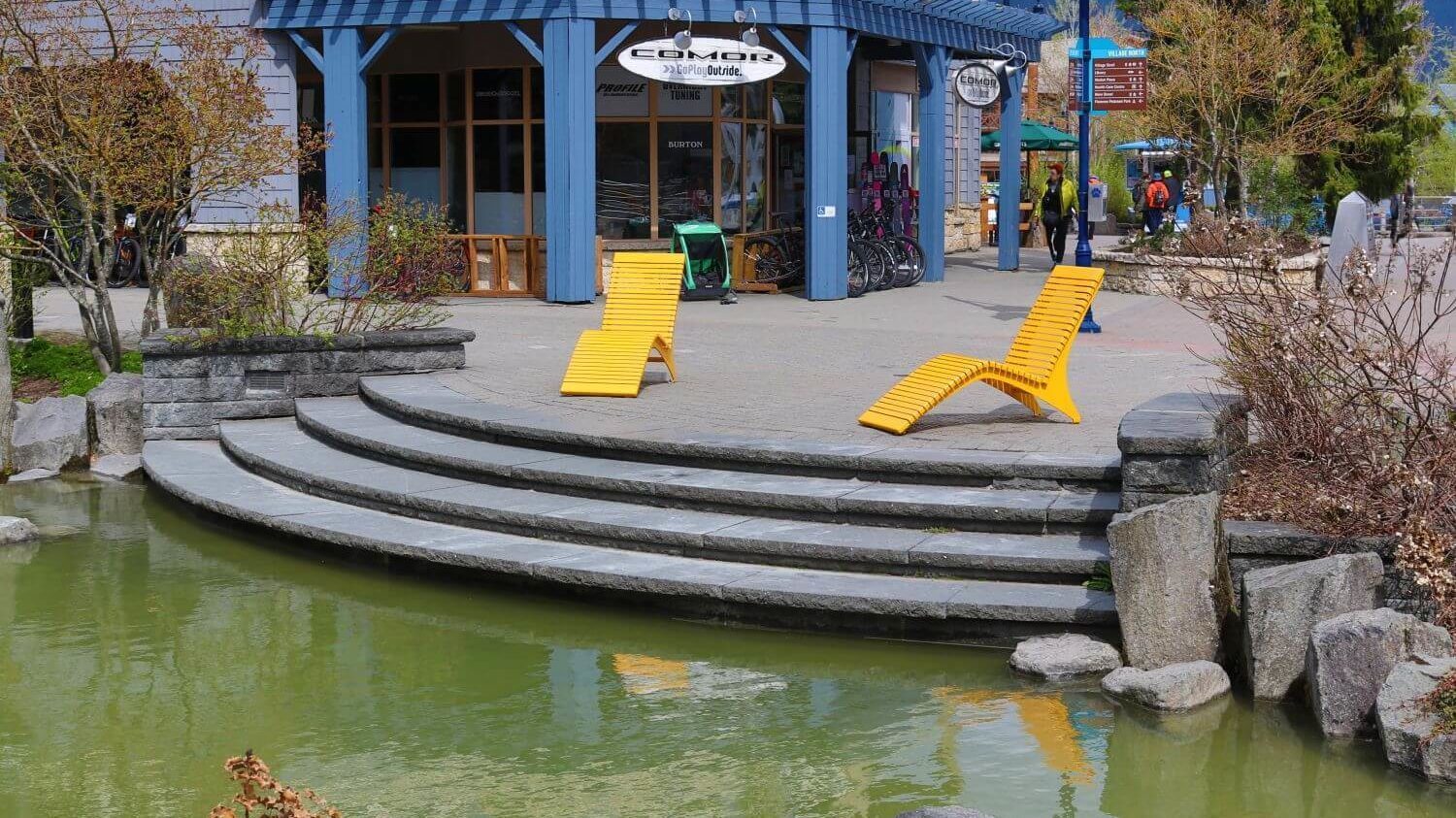 Yellow chairs overlooking a green pond