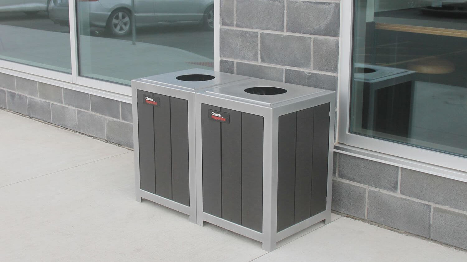 Two square waste bins side by side