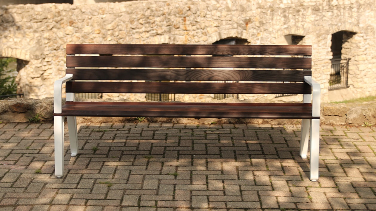 Backed Wood Bench with White Arms