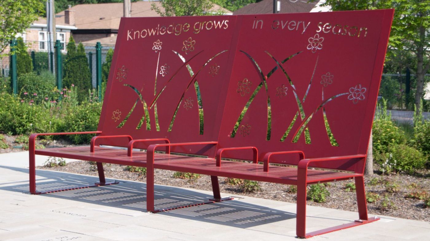 Red Bench with Large back with floral design and text 