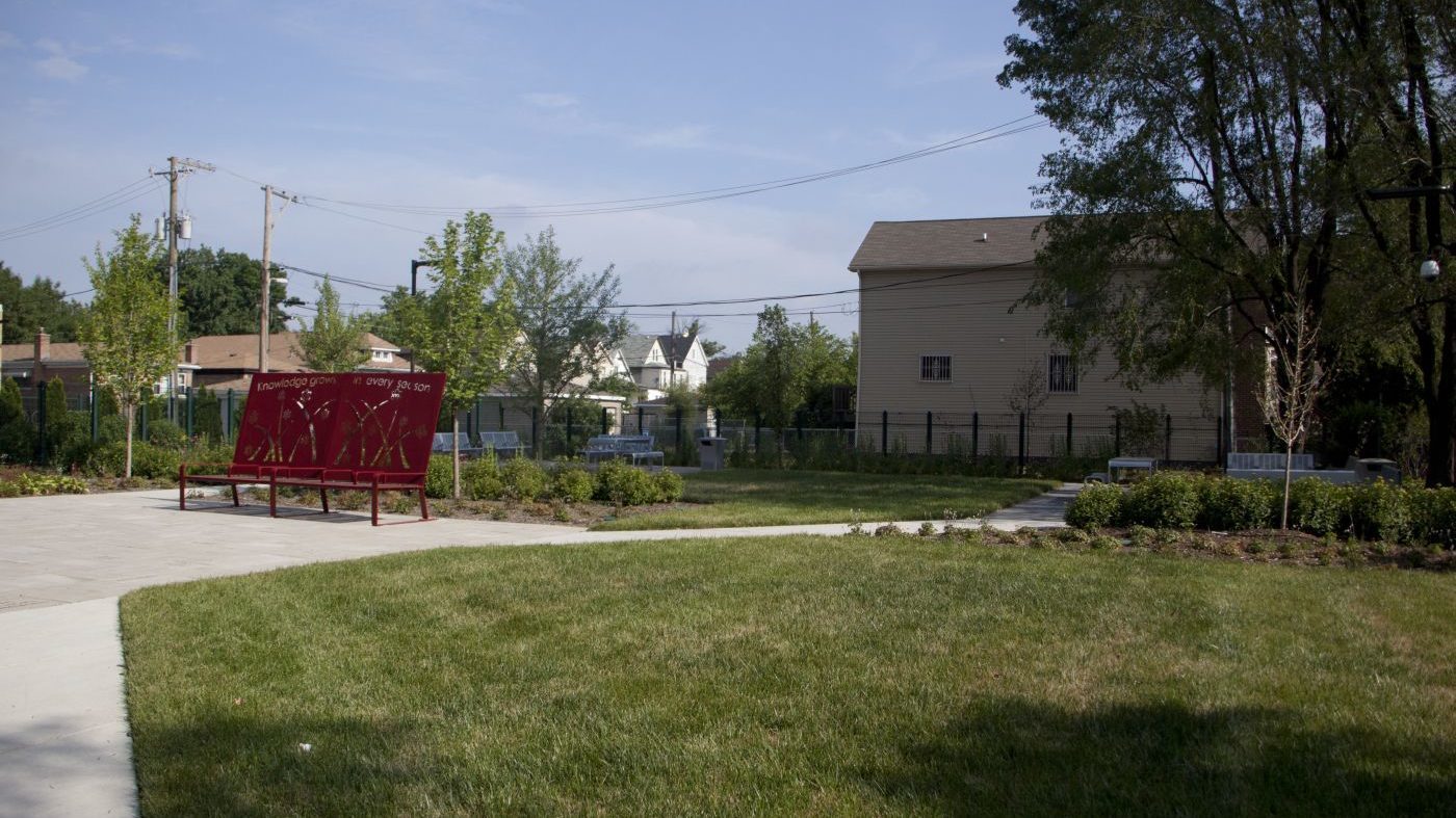 Red Bench with Large Back at Chicago Reading Garden