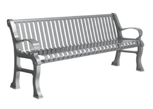 Grey Bench with Vertical Slats and End Arms