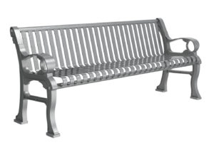 Grey Backed Bench with Vertical Slats and Curling Arms