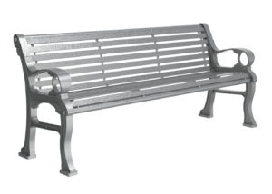 Grey Backed Bench with Horizontal Slats and Curing End Arms