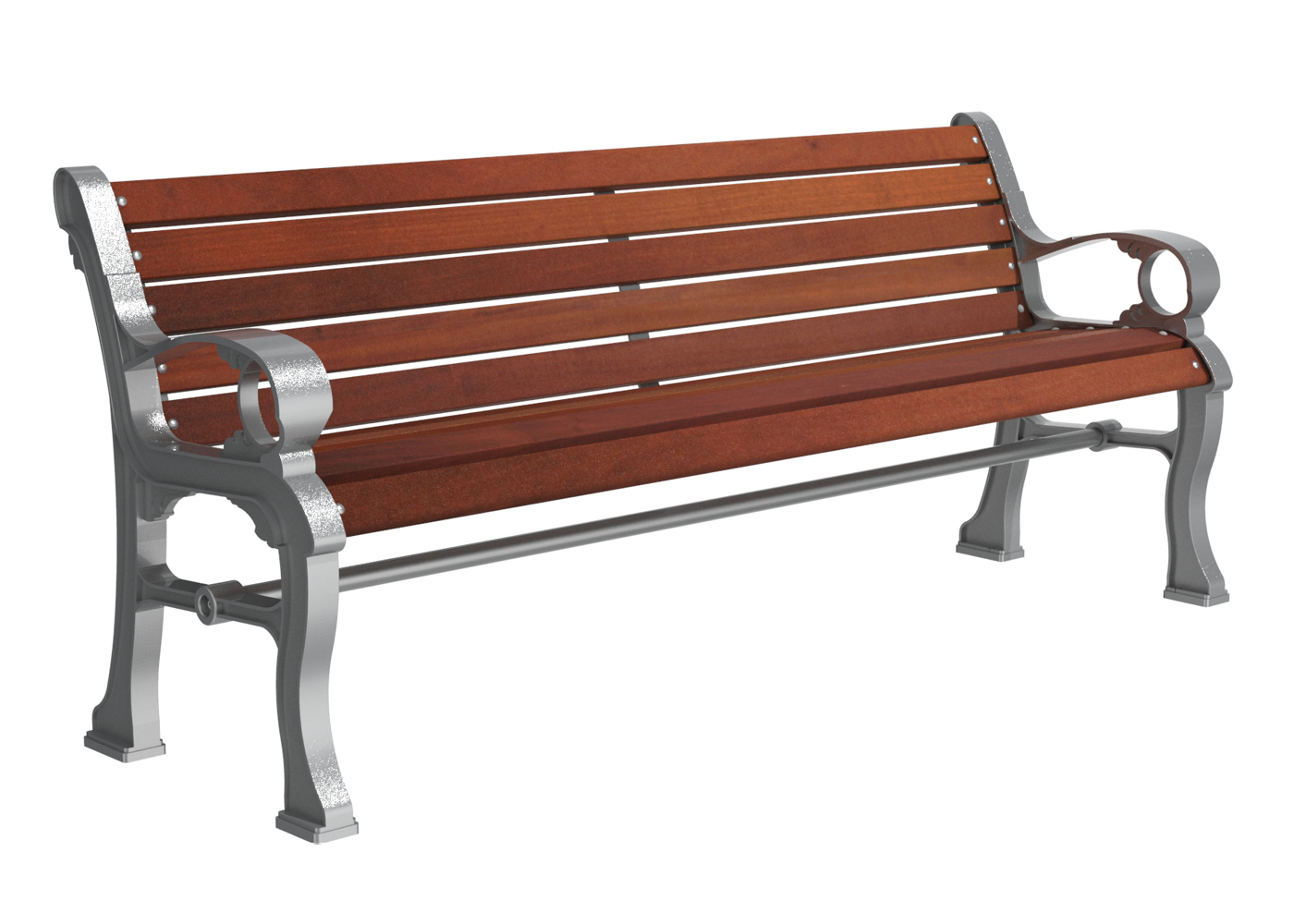 Metal and Auburn Coloured Wood Backed Bench With Curling End Arms