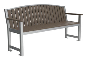 Backed Bench in Brown with Vertical Slats and End Arms