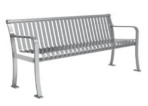 Grey Bench with Horizontal Slats and Arms