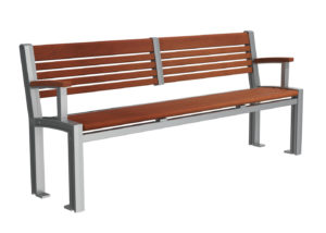 Backed Bench with Wood Horizontal Slats and Side Arms