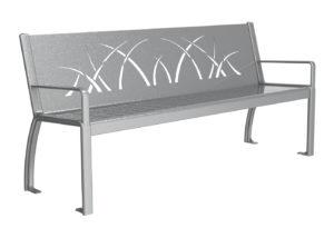 Backed Grey Metal Bench with Grass Design on Back