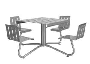 Metal Table with Metal chairs attached in grey