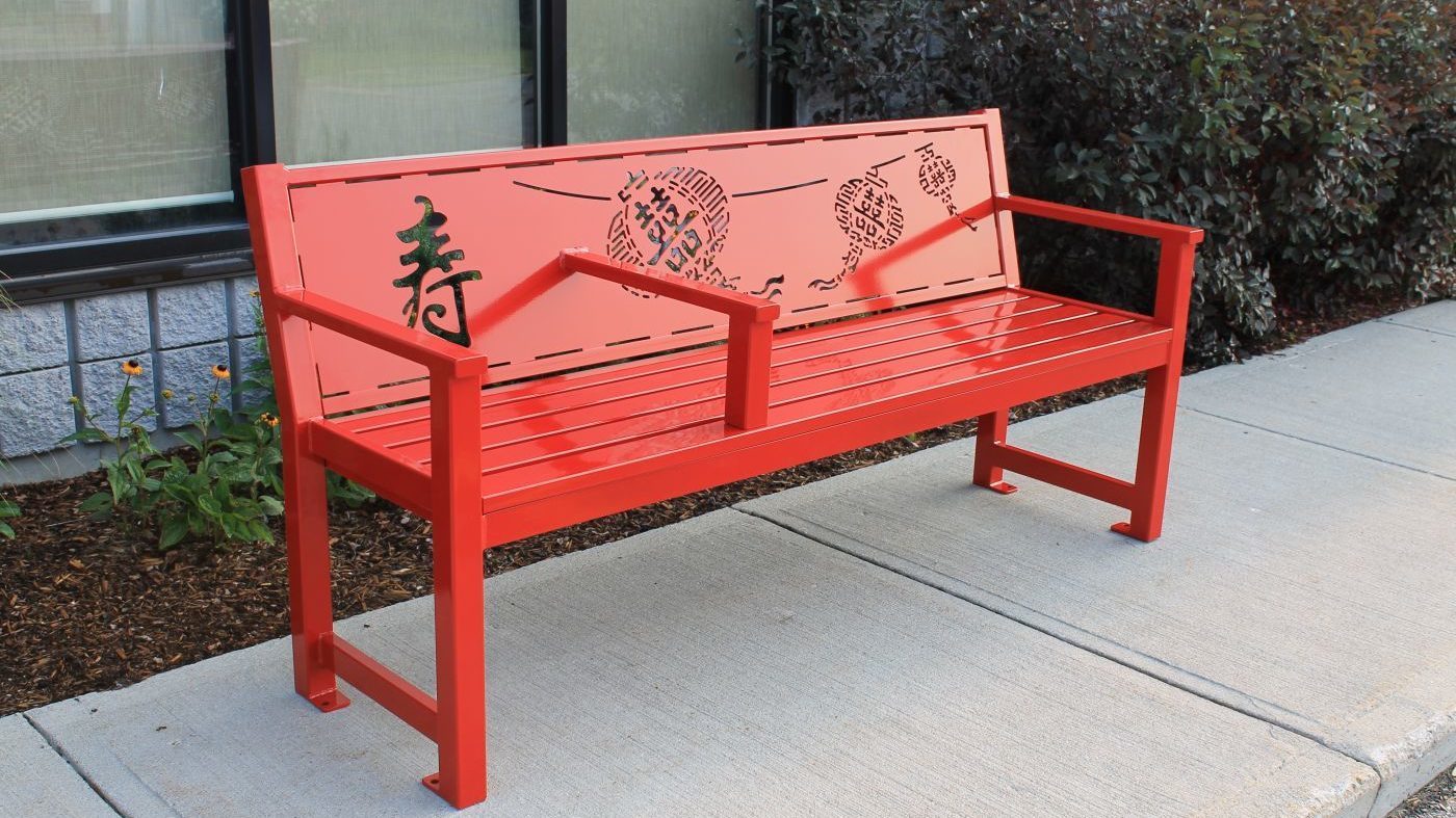 Red Metal Bench with design