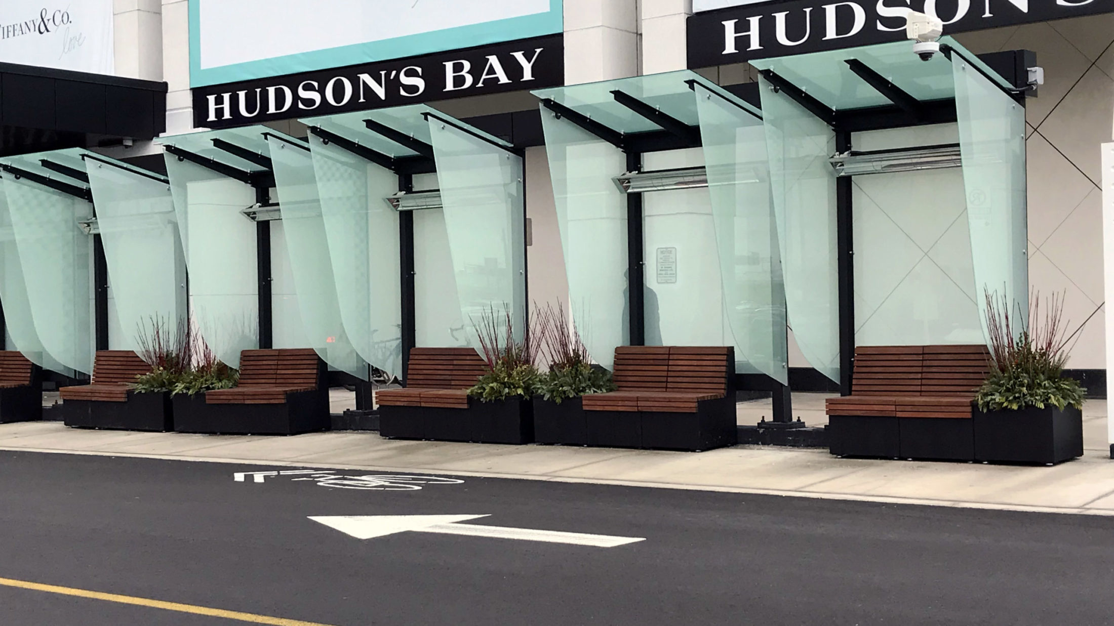 Metal and wood Pixel blocks with planters at Yorkdale Shopping Center