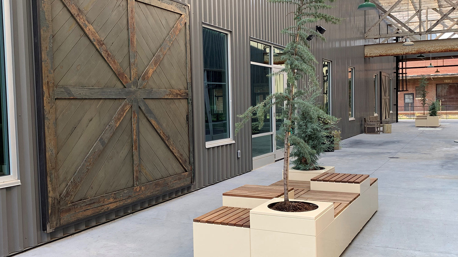 Pixel layout with wood tops and planters, ivory color