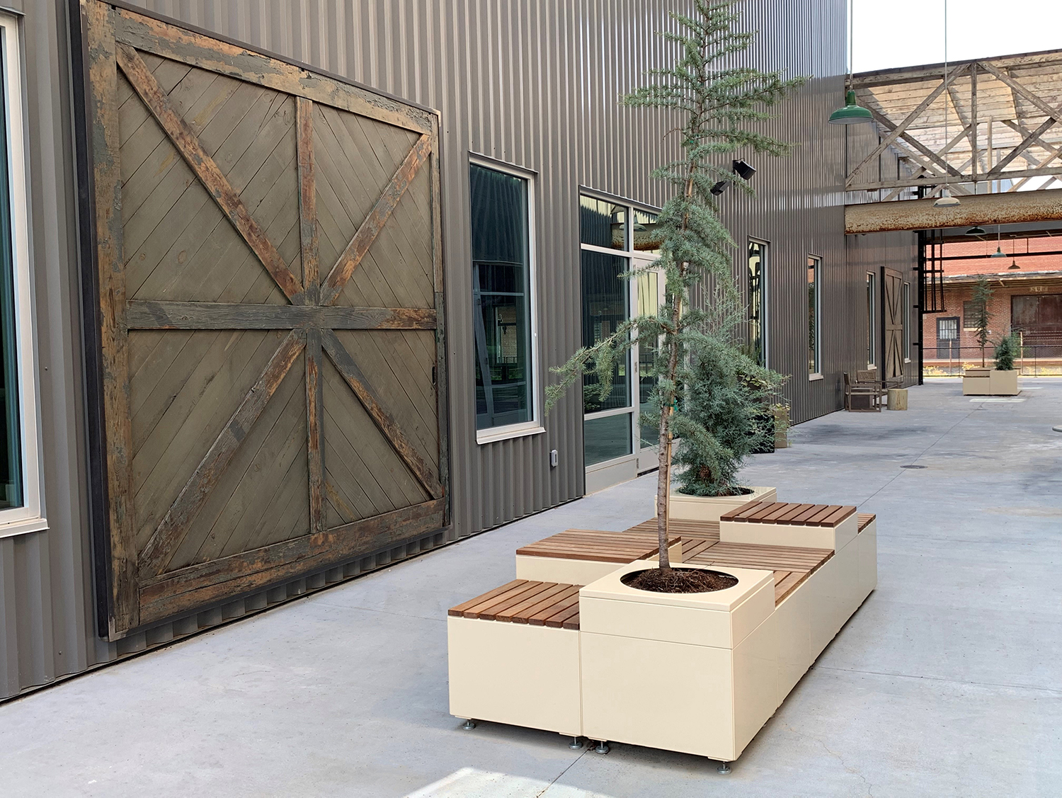 Pixel layout with wood tops and planters, ivory color