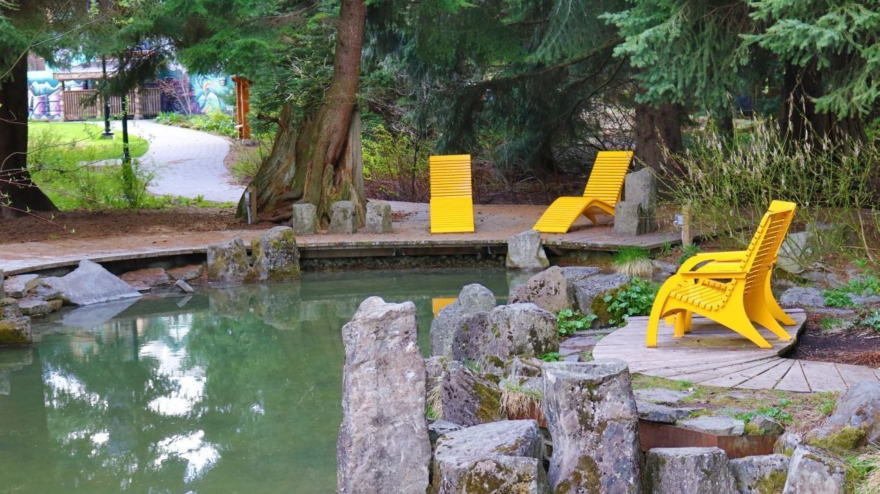 Three yellow chairs overlooking a pond