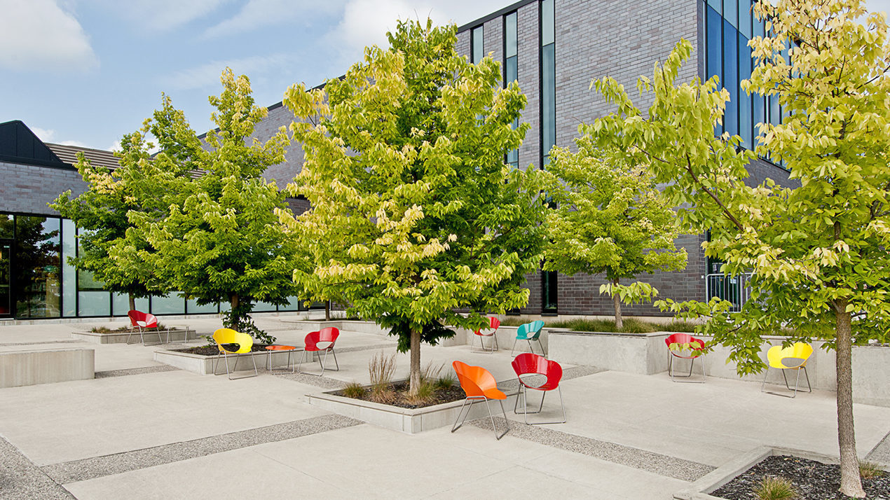 Red, Blue, Yellow and Orange chairs outside building