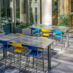 Blue and yellow bar height stools with ancora tables at Bank of America plaza