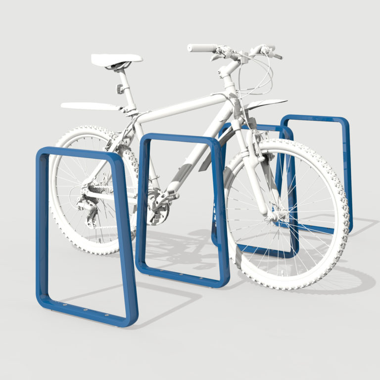 Blue Iconic Bike Racks in a row with bicycle