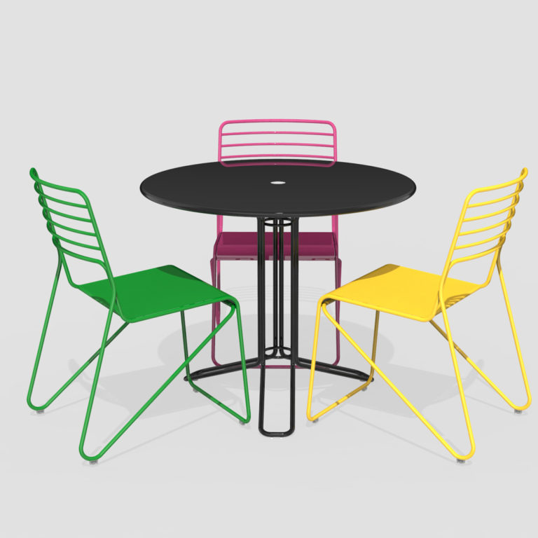 Green, Yellow and Magenta Kontur Chairs with Black Kontur Table