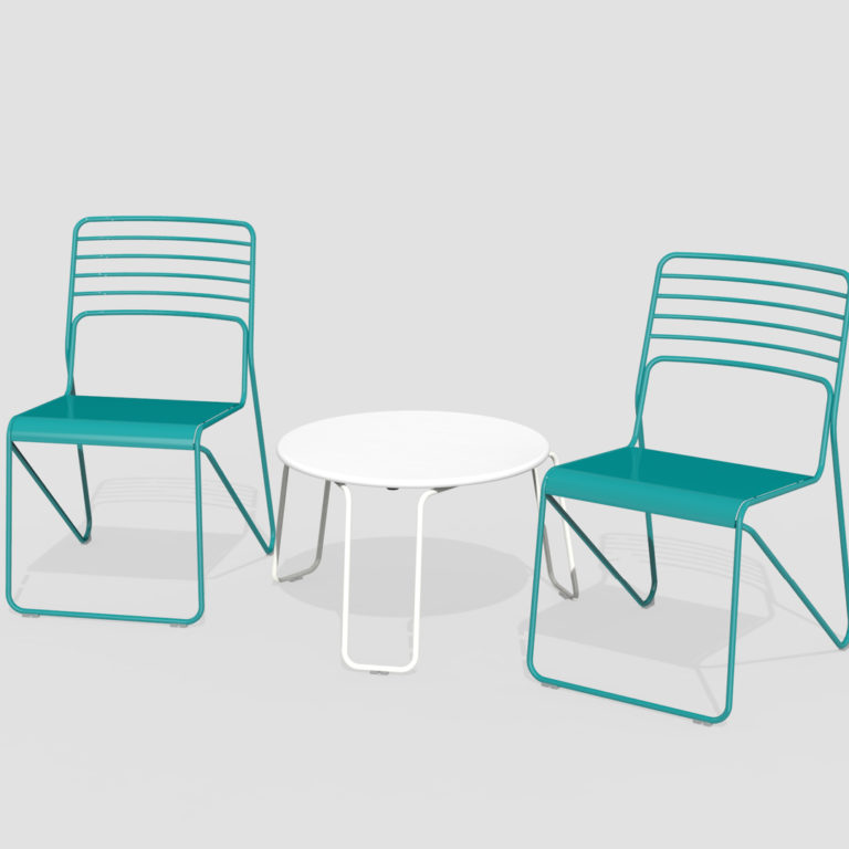 Turquoise Kontur Chairs and White Kontur Lounge Table