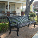 Black Metal Backed Bench with Vertical Slats