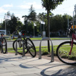 Bike Rack/Posts with Bikes near commercial area