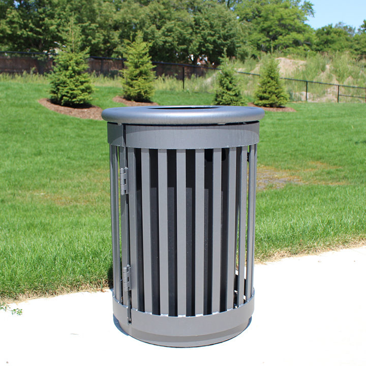 Trash can with Vertical Slats Outside on Path