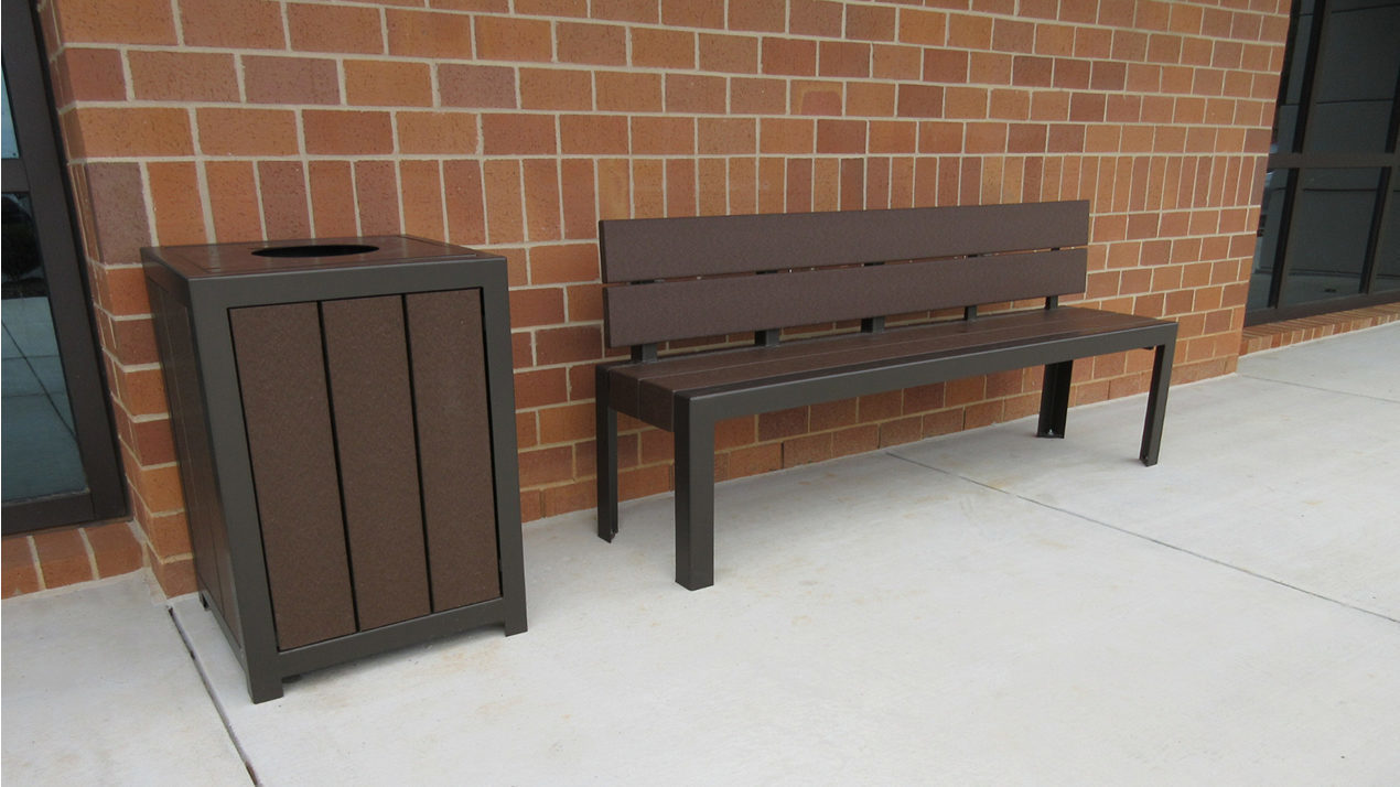 Brown Trash Bin and Bench