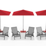 Six Grey Chairs with Red Umbrellas