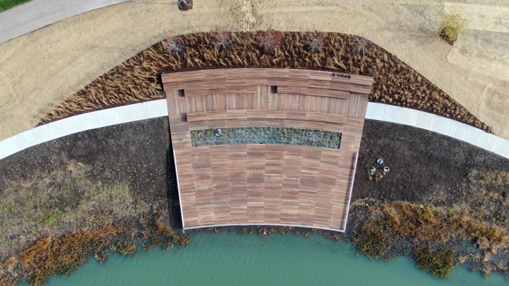 Custom Amphitheater, overhead shot looking down on wooden stage