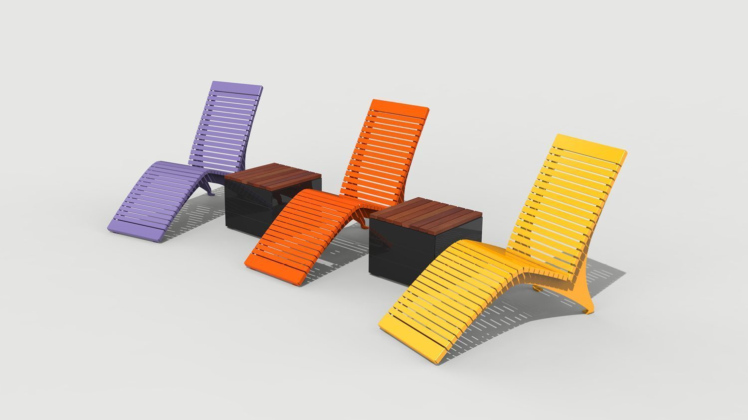 Purple, Orange and Yellow 720 Lounge Chairs with Pixel Blocks as Side Tables