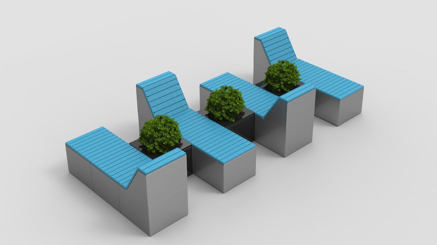 Pixel layout with blue HDPE tops and planters, tall blocks